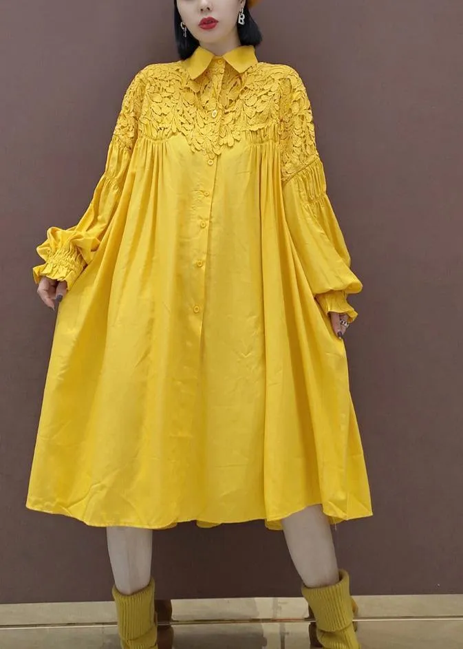 100% Stand Collar Patchwork Lace Quilting Clothes Catwalk Yellow Robes Dresses