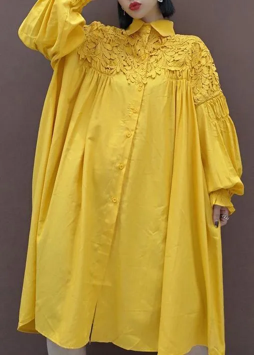 100% Stand Collar Patchwork Lace Quilting Clothes Catwalk Yellow Robes Dresses