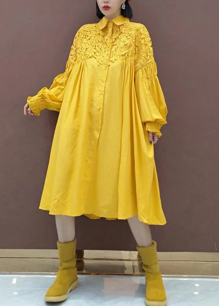 100% Stand Collar Patchwork Lace Quilting Clothes Catwalk Yellow Robes Dresses