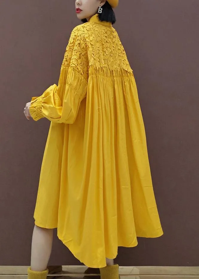 100% Stand Collar Patchwork Lace Quilting Clothes Catwalk Yellow Robes Dresses