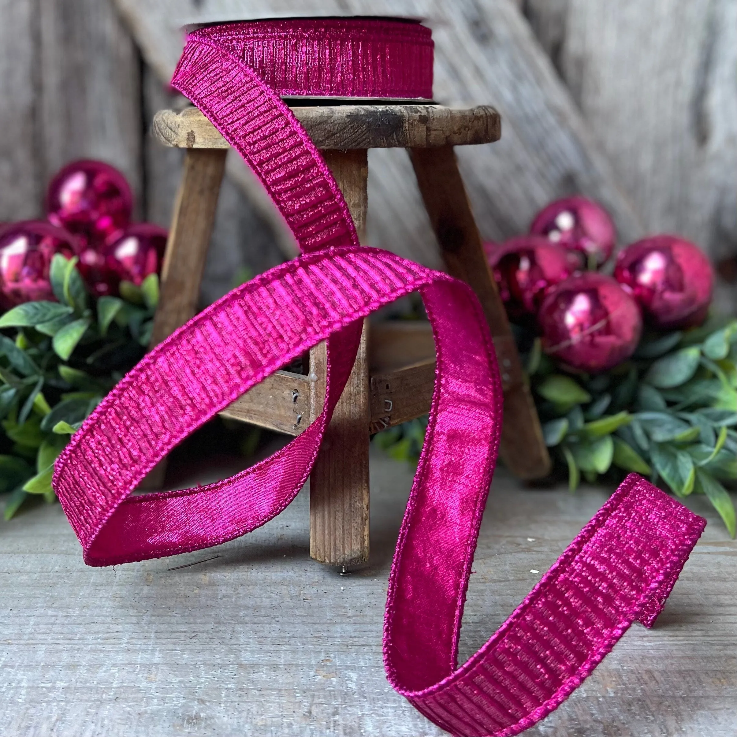 1" Hot Pink Pleated Metallic Ribbon, Fuchsia Ribbbon