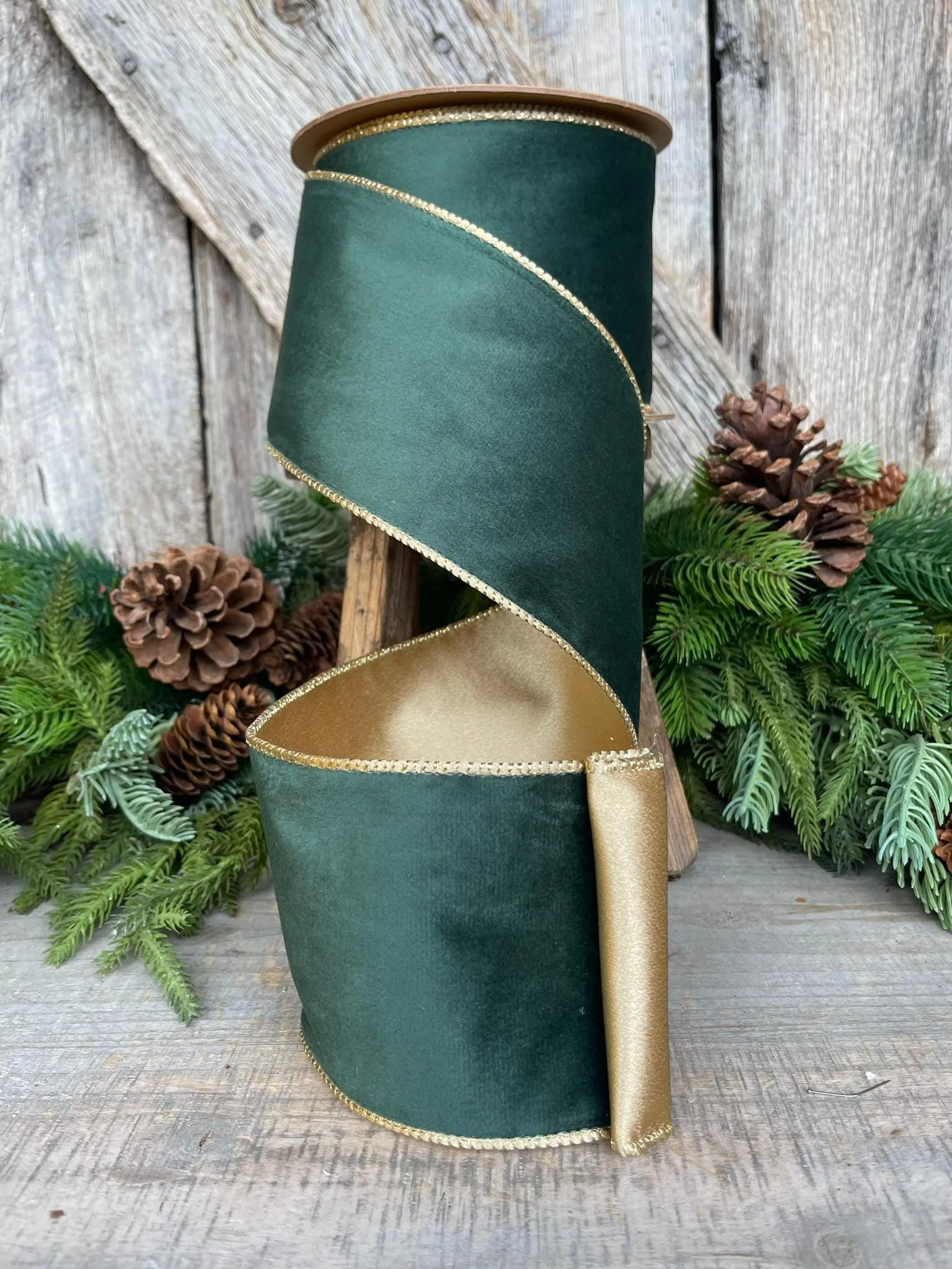 4" Green Velvet Ribbon, Green & Gold Velvet Ribbon