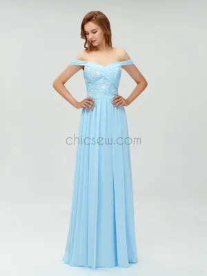 A-line Blue Off the Shoulder Long Cheap Prom Dress, Elegant Bridesmaid Dresses LMX1102