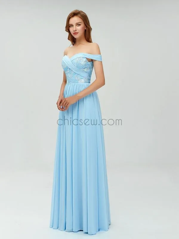 A-line Blue Off the Shoulder Long Cheap Prom Dress, Elegant Bridesmaid Dresses LMX1102