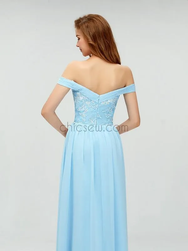 A-line Blue Off the Shoulder Long Cheap Prom Dress, Elegant Bridesmaid Dresses LMX1102