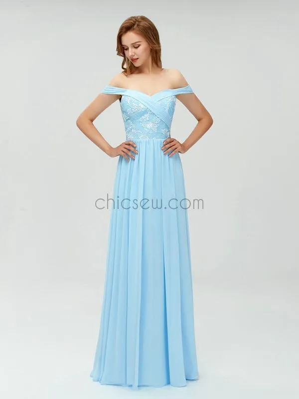 A-line Blue Off the Shoulder Long Cheap Prom Dress, Elegant Bridesmaid Dresses LMX1102