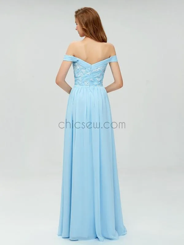 A-line Blue Off the Shoulder Long Cheap Prom Dress, Elegant Bridesmaid Dresses LMX1102