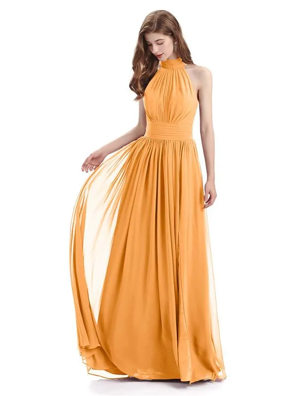 A-line Halter Elegant Chiffon Long Bridesmaid Dresses