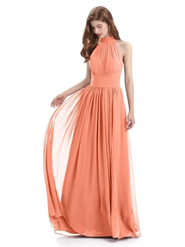 A-line Halter Elegant Chiffon Long Bridesmaid Dresses