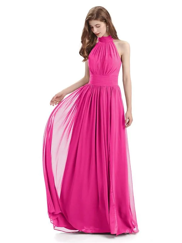 A-line Halter Elegant Chiffon Long Bridesmaid Dresses