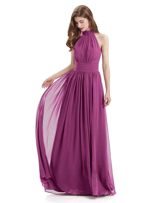 A-line Halter Elegant Chiffon Long Bridesmaid Dresses