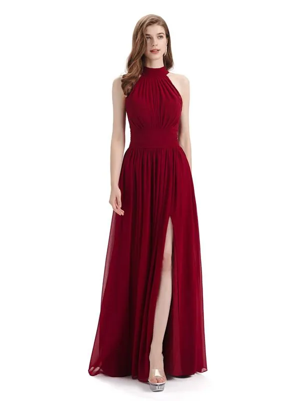 A-line Halter Elegant Chiffon Long Bridesmaid Dresses