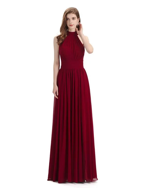 A-line Halter Elegant Chiffon Long Bridesmaid Dresses