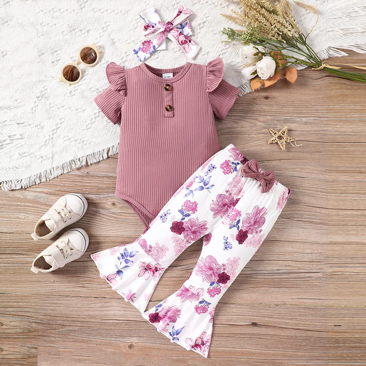 *APP EXCLUSIVE* Girl's Ribbed Bodysuit and Printed Flare Pants Set