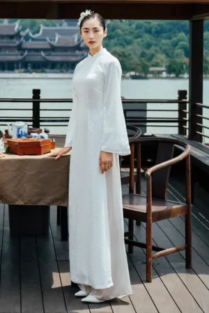 Bach Ngan A-line Flare Sleeved Synthetic Silk Floor Length Ao Dai