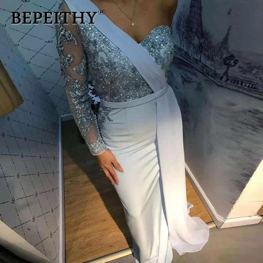 BEPEITHY One Shoulder Wedding Party Dress Long Sleeve  Vestido De Festa Long Evening Prom Dress