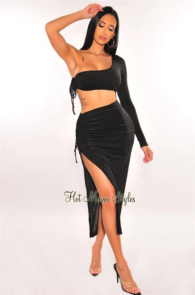 Black One Sleeve Cut Out Ruched Slit Maxi Dress