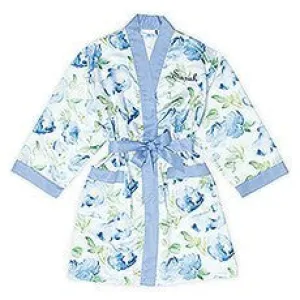 BLUE WATERCOLOR FLORAL SILKY KIMONO ROBE ON BLUE