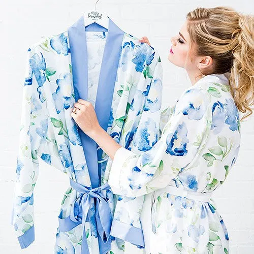 BLUE WATERCOLOR FLORAL SILKY KIMONO ROBE ON BLUE