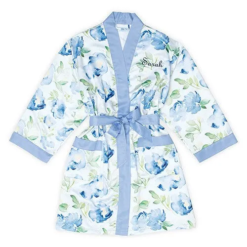 BLUE WATERCOLOR FLORAL SILKY KIMONO ROBE ON BLUE