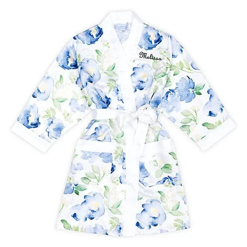 BLUE WATERCOLOR FLORAL SILKY KIMONO ROBE ON WHITE