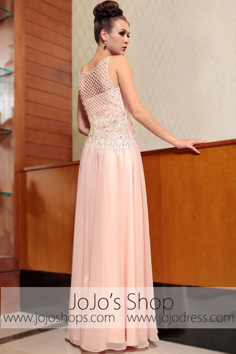 Blush Pink Modest Jeweled Neck Prom Evening Formal Dress DQ830850