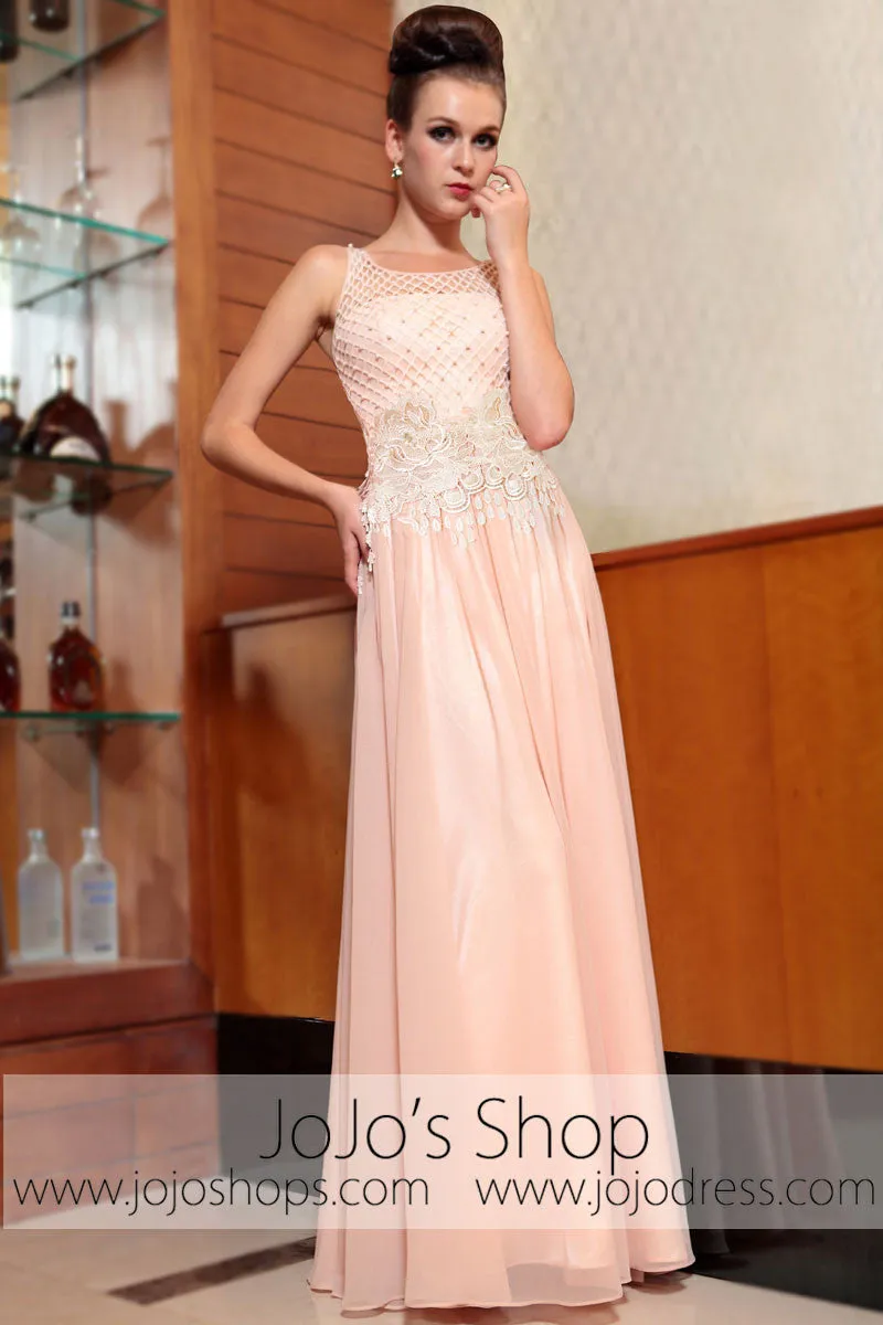 Blush Pink Modest Jeweled Neck Prom Evening Formal Dress DQ830850