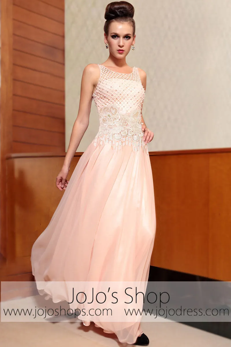 Blush Pink Modest Jeweled Neck Prom Evening Formal Dress DQ830850