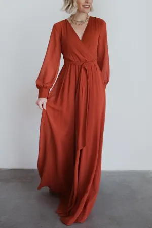 Button Puff Sleeve Belted Maxi Dress