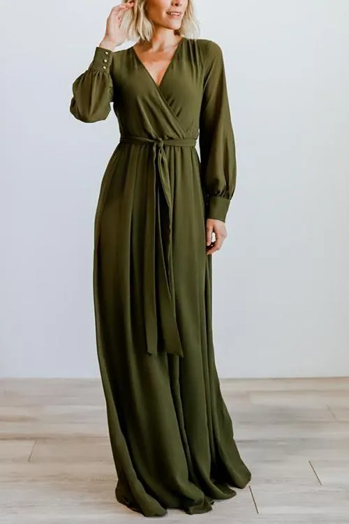 Button Puff Sleeve Belted Maxi Dress