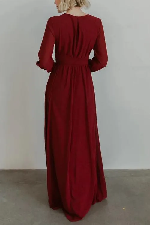 Button Puff Sleeve Belted Maxi Dress