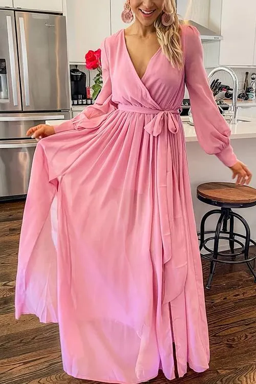 Button Puff Sleeve Belted Maxi Dress