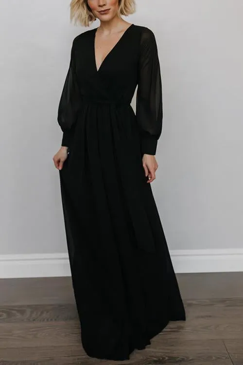 Button Puff Sleeve Belted Maxi Dress