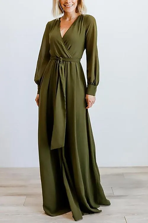 Button Puff Sleeve Belted Maxi Dress