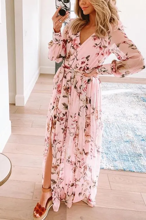 Button Puff Sleeve Belted Maxi Dress