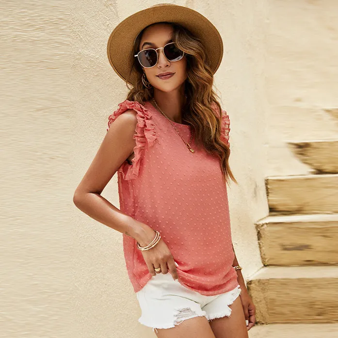 Casual Frill Sleeve Solid Color Jacquard Tank Top Wholesale Womens Tops