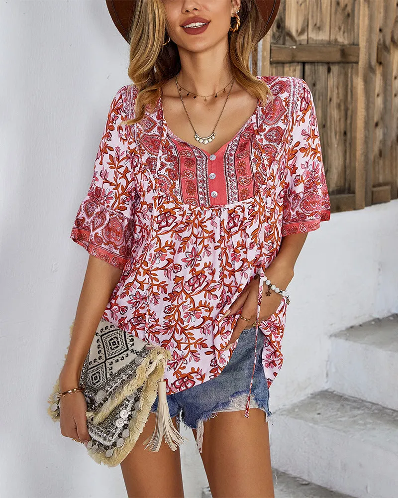 Casual Lace-up Single-breasted Tops Print V Neck Blouse Half Sleeve Wholesale Bohemian Clothing