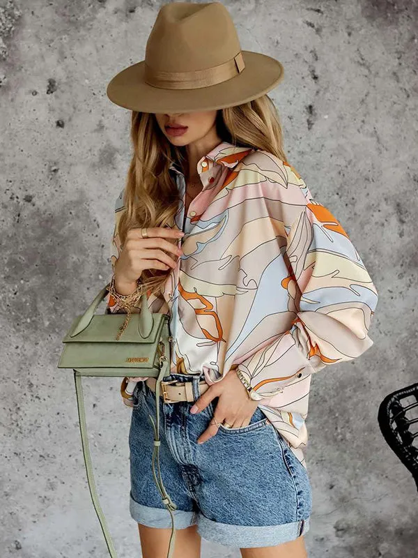 Casual Loose Printed Lapel Collar Blouses&Shirts Tops