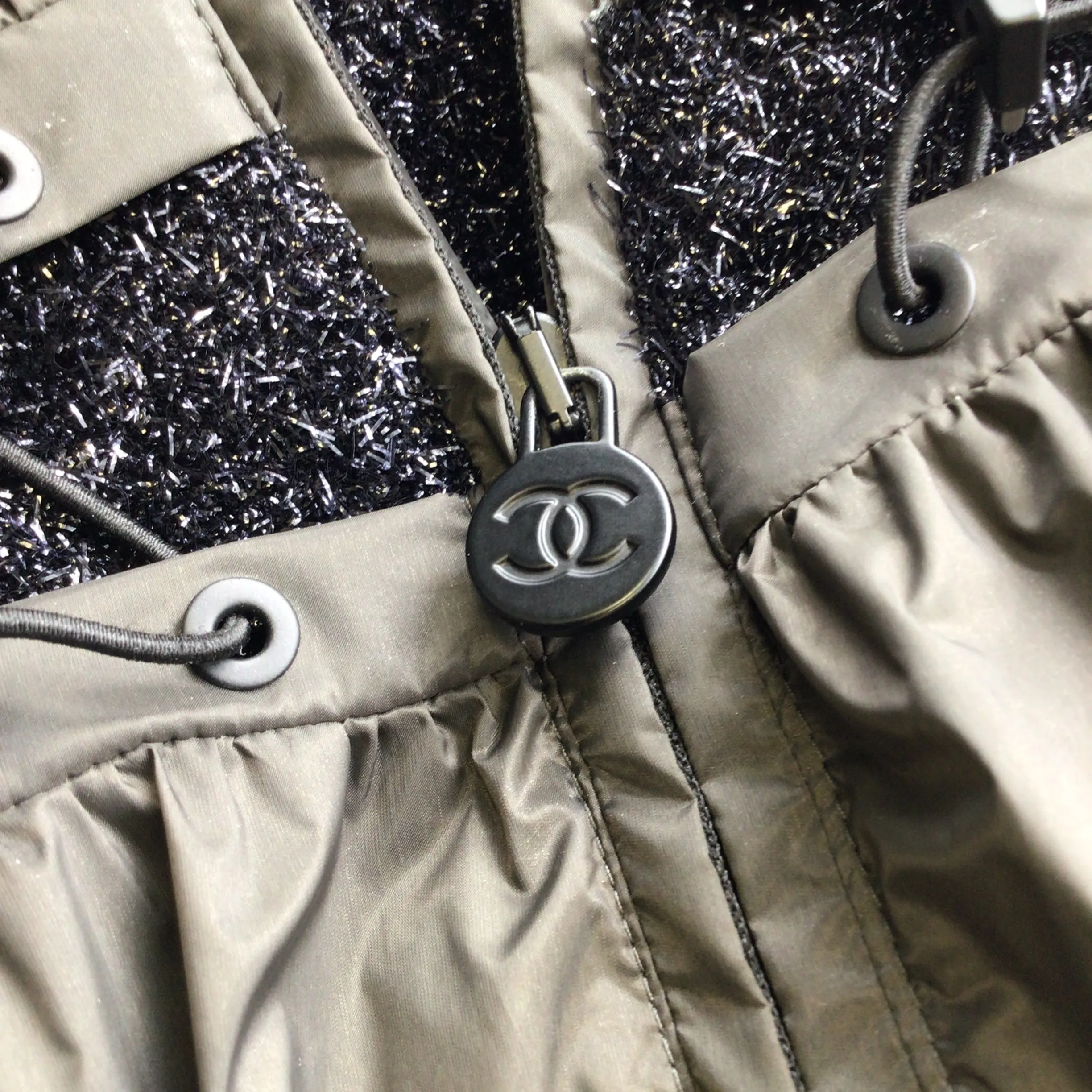 Chanel Olive Green / Black Nylon and Sparkle Metallic Hooded Full Zip Jacket