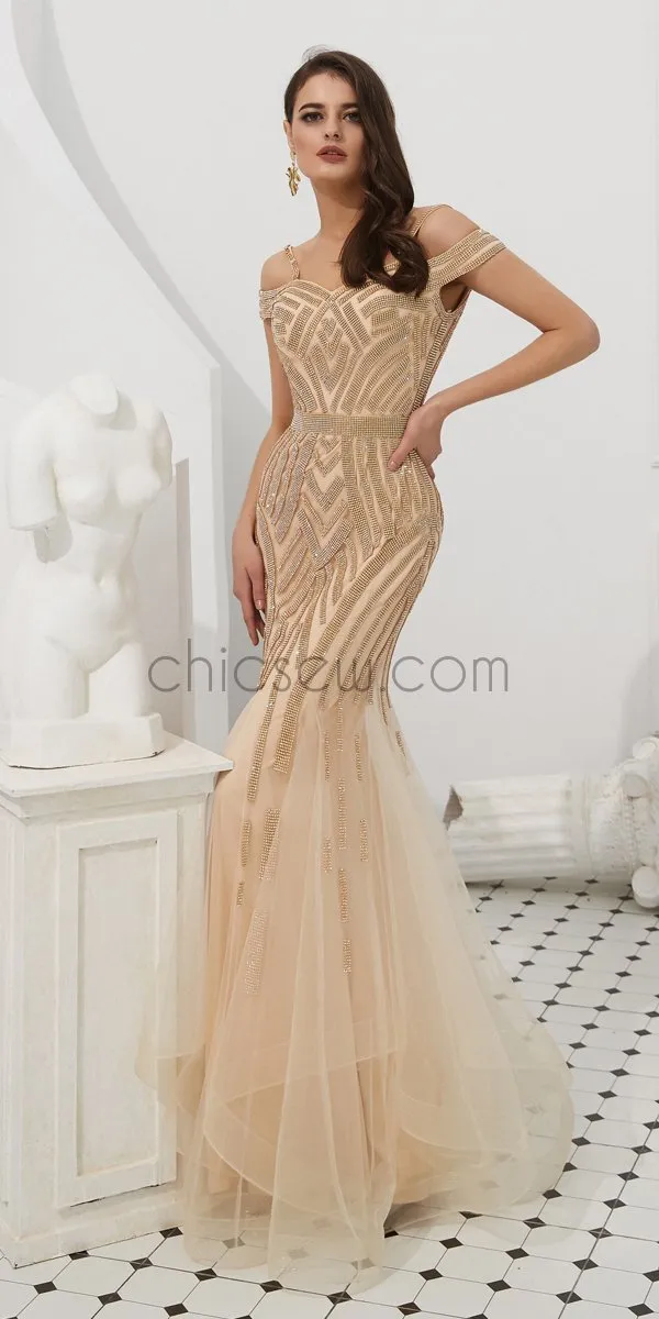 Charming Off the Shoulder Gorgeous Sparkly Mermaid Long Prom Dresses, Evening Dresses LMX1136