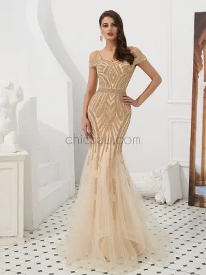 Charming Off the Shoulder Gorgeous Sparkly Mermaid Long Prom Dresses, Evening Dresses LMX1136