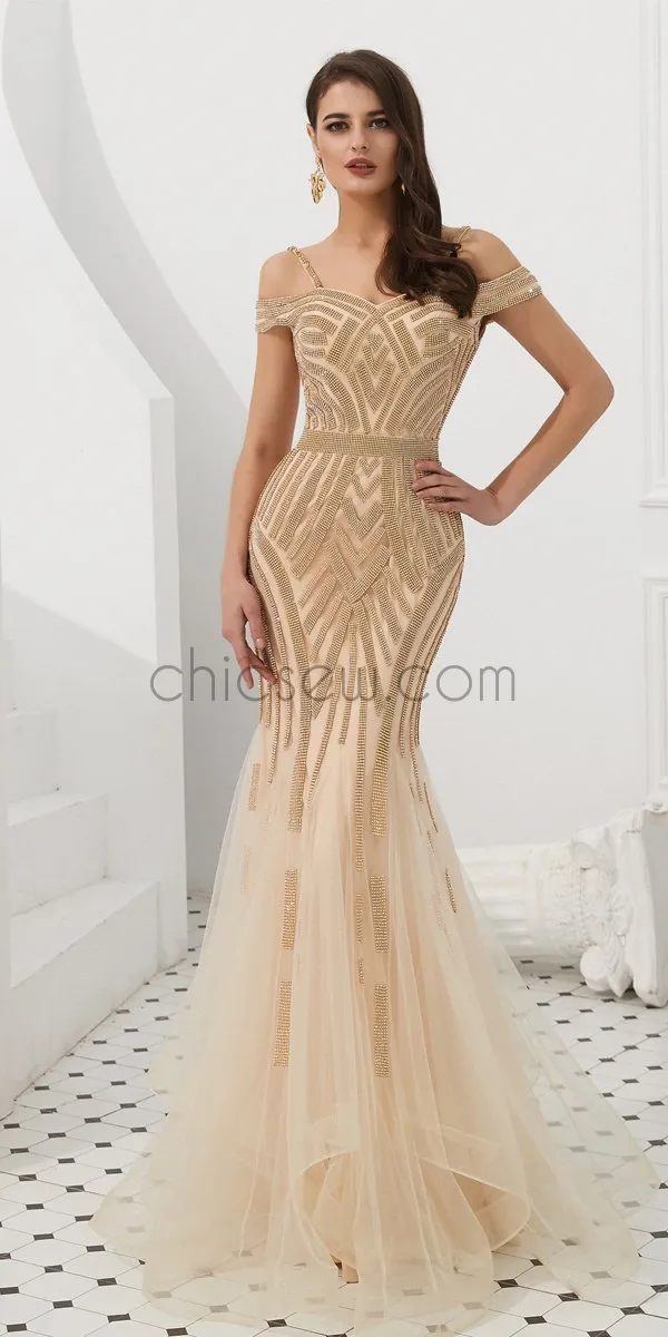 Charming Off the Shoulder Gorgeous Sparkly Mermaid Long Prom Dresses, Evening Dresses LMX1136