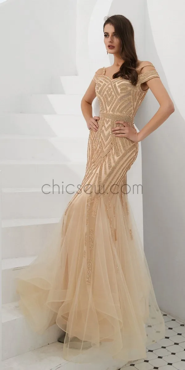 Charming Off the Shoulder Gorgeous Sparkly Mermaid Long Prom Dresses, Evening Dresses LMX1136