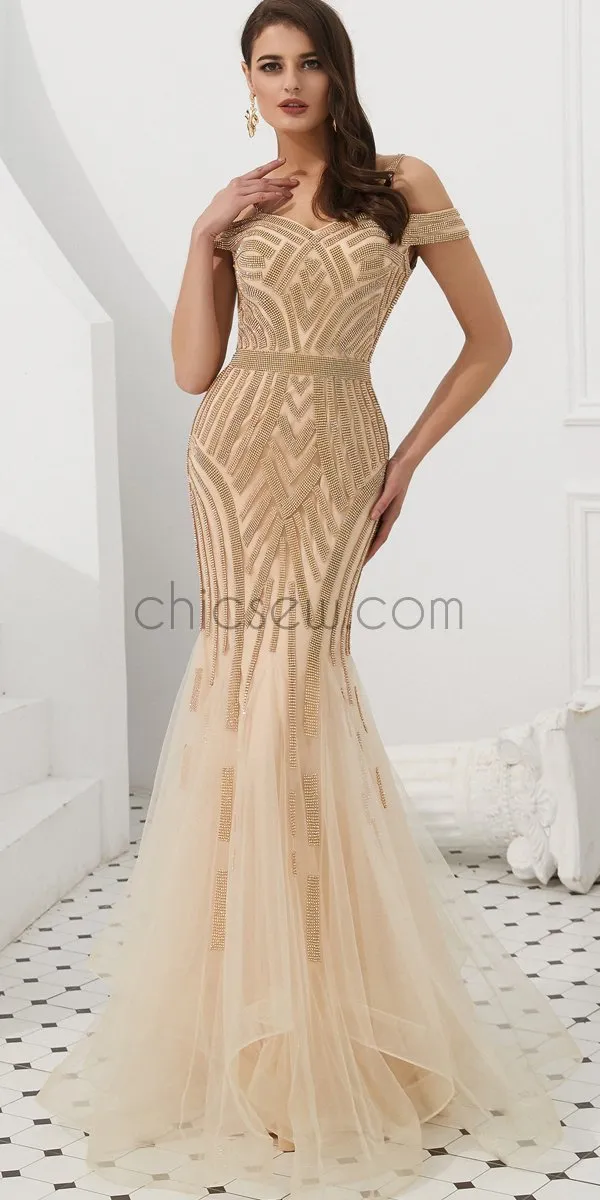 Charming Off the Shoulder Gorgeous Sparkly Mermaid Long Prom Dresses, Evening Dresses LMX1136