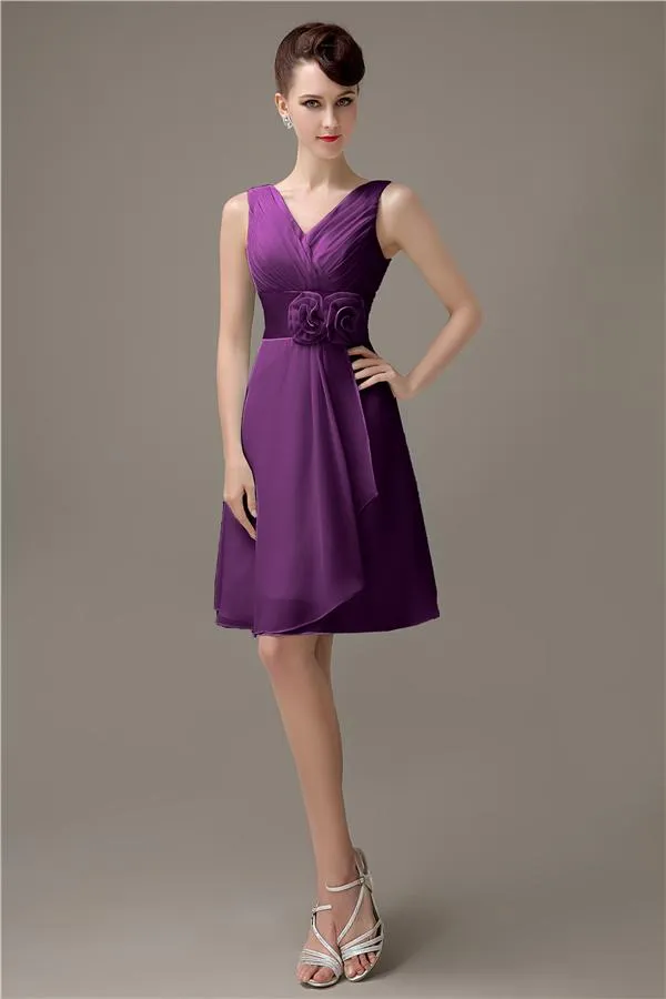 Cheap A-line Chiffon V-Neck Sleeveless Short Bridesmaid Dresses