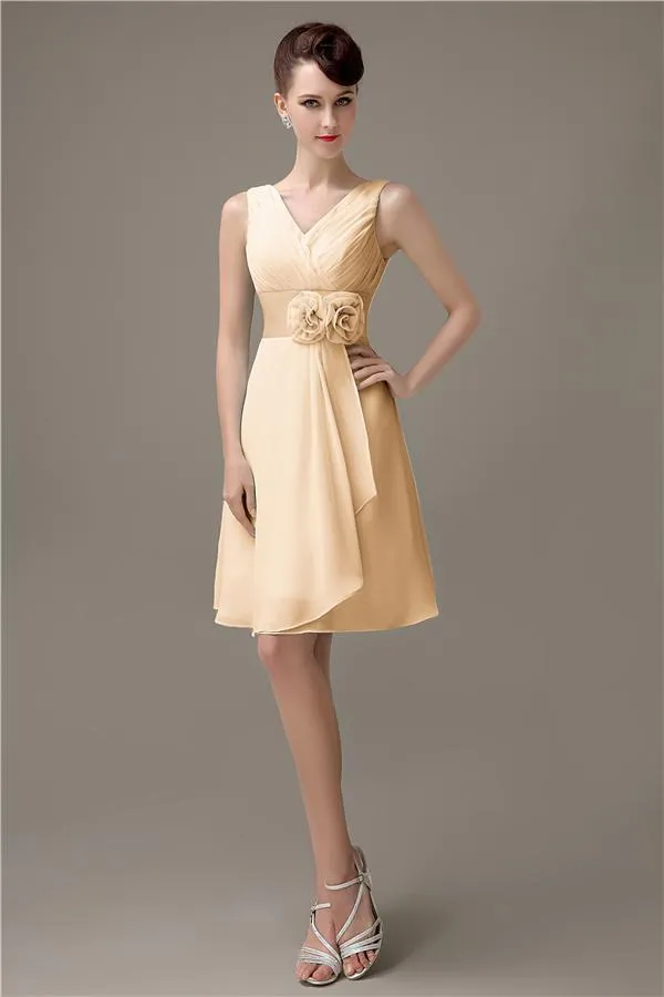 Cheap A-line Chiffon V-Neck Sleeveless Short Bridesmaid Dresses