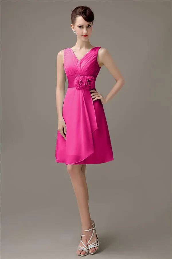 Cheap A-line Chiffon V-Neck Sleeveless Short Bridesmaid Dresses