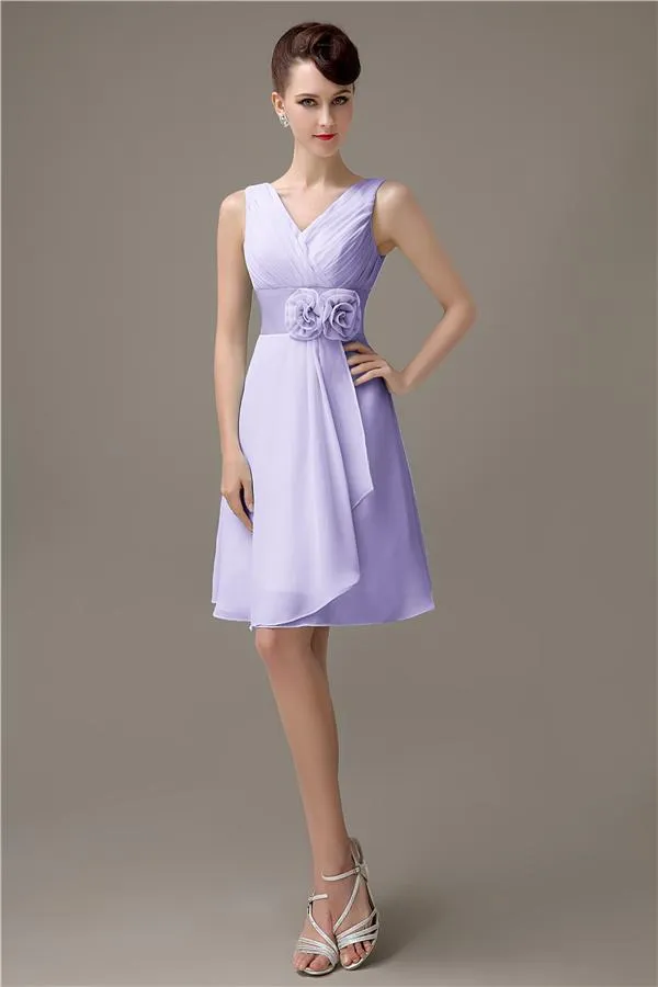 Cheap A-line Chiffon V-Neck Sleeveless Short Bridesmaid Dresses