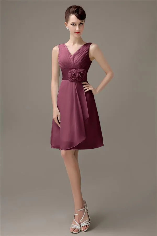 Cheap A-line Chiffon V-Neck Sleeveless Short Bridesmaid Dresses