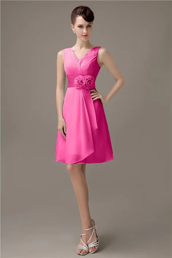 Cheap A-line Chiffon V-Neck Sleeveless Short Bridesmaid Dresses